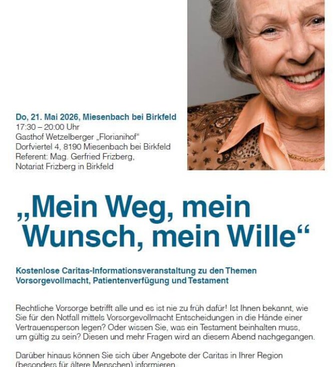 Kostenlose Caritas-Informationsveranstaltung zu den Themen Vorsorgevollmacht, Patientenverfügung und Testament