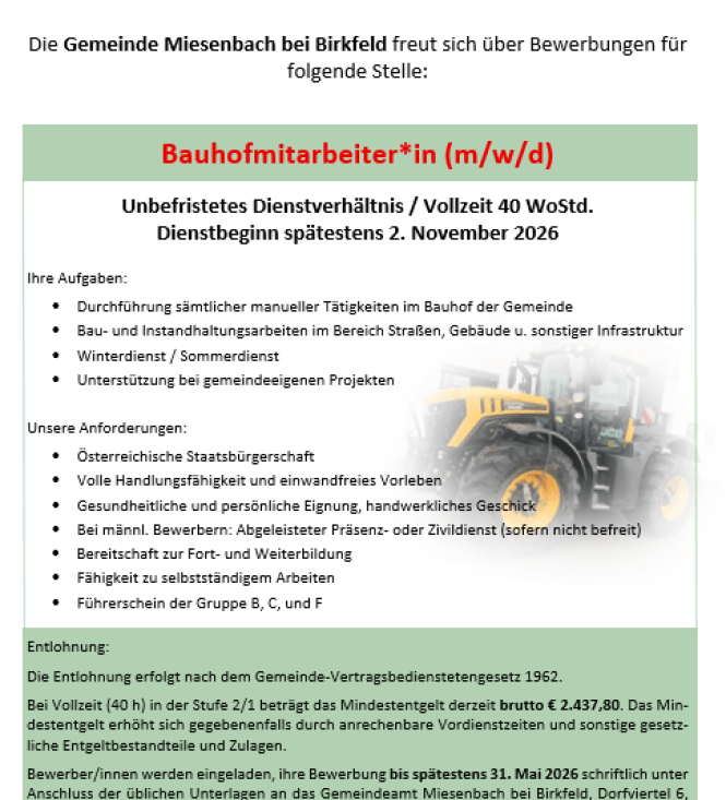 Stellenausschreibung Bauhofmitarbeiter/in