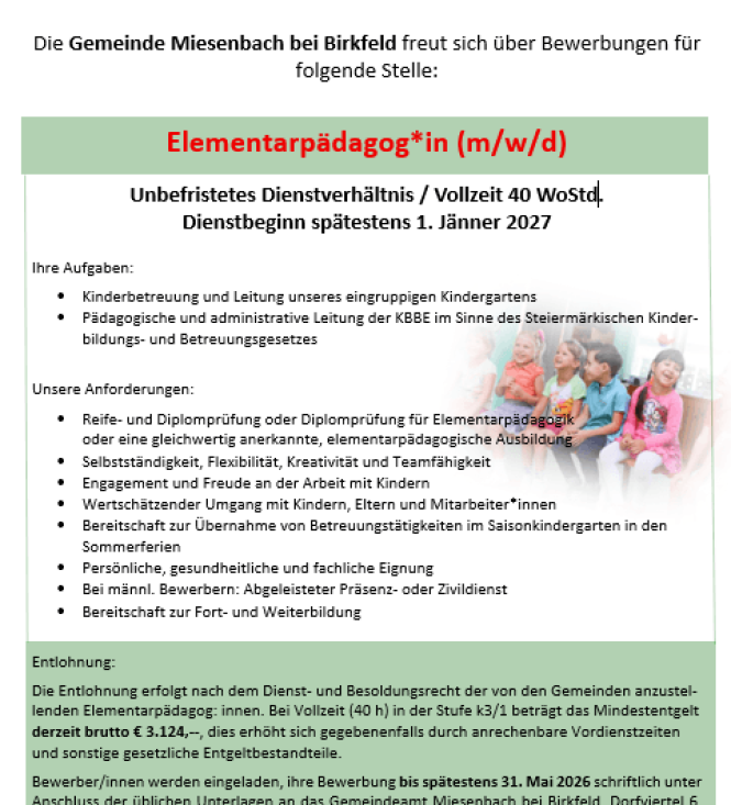 Stellenausschreibung Elementarpädagog/in